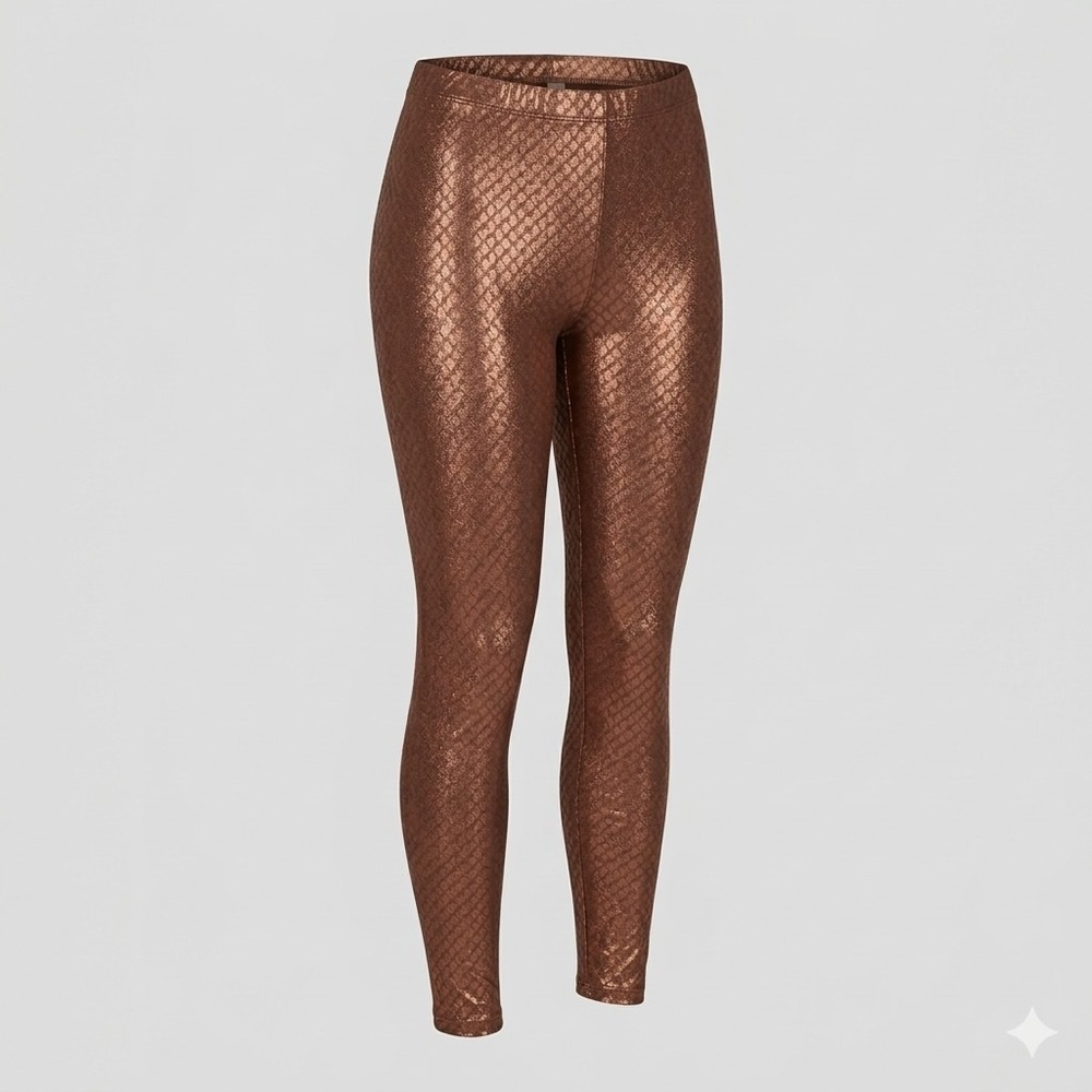 New SKIMS Logo Copper Coffee Brown Metallic Shimmer Mesh Foil Leggings 3XL 3X